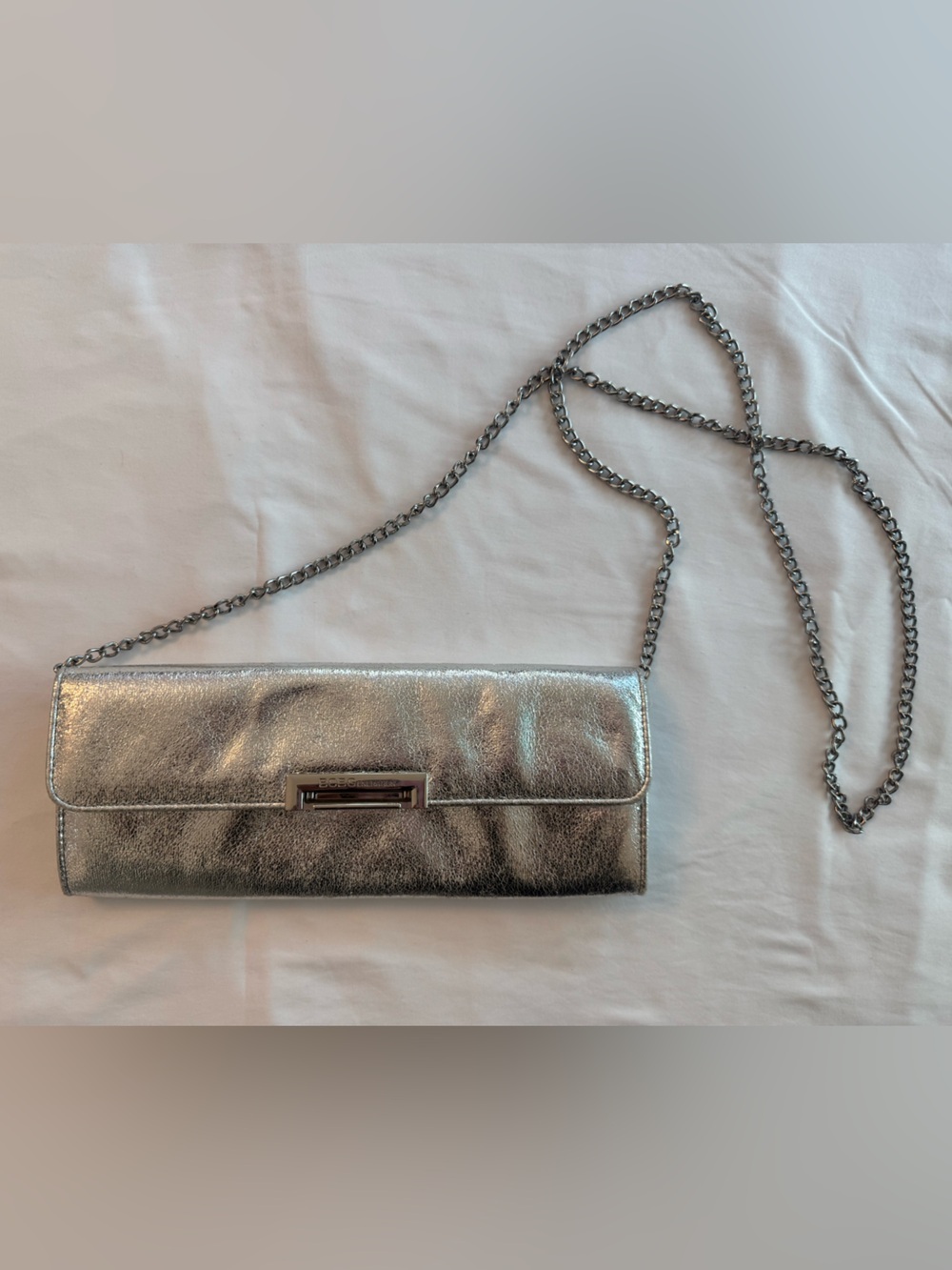 BCBGeneration Silver Metallic Chain Clutch Crossbody Evening Bag
